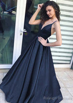 A Line V Neck Sleeveless Long Dress Floor Length Satin Prom Dress