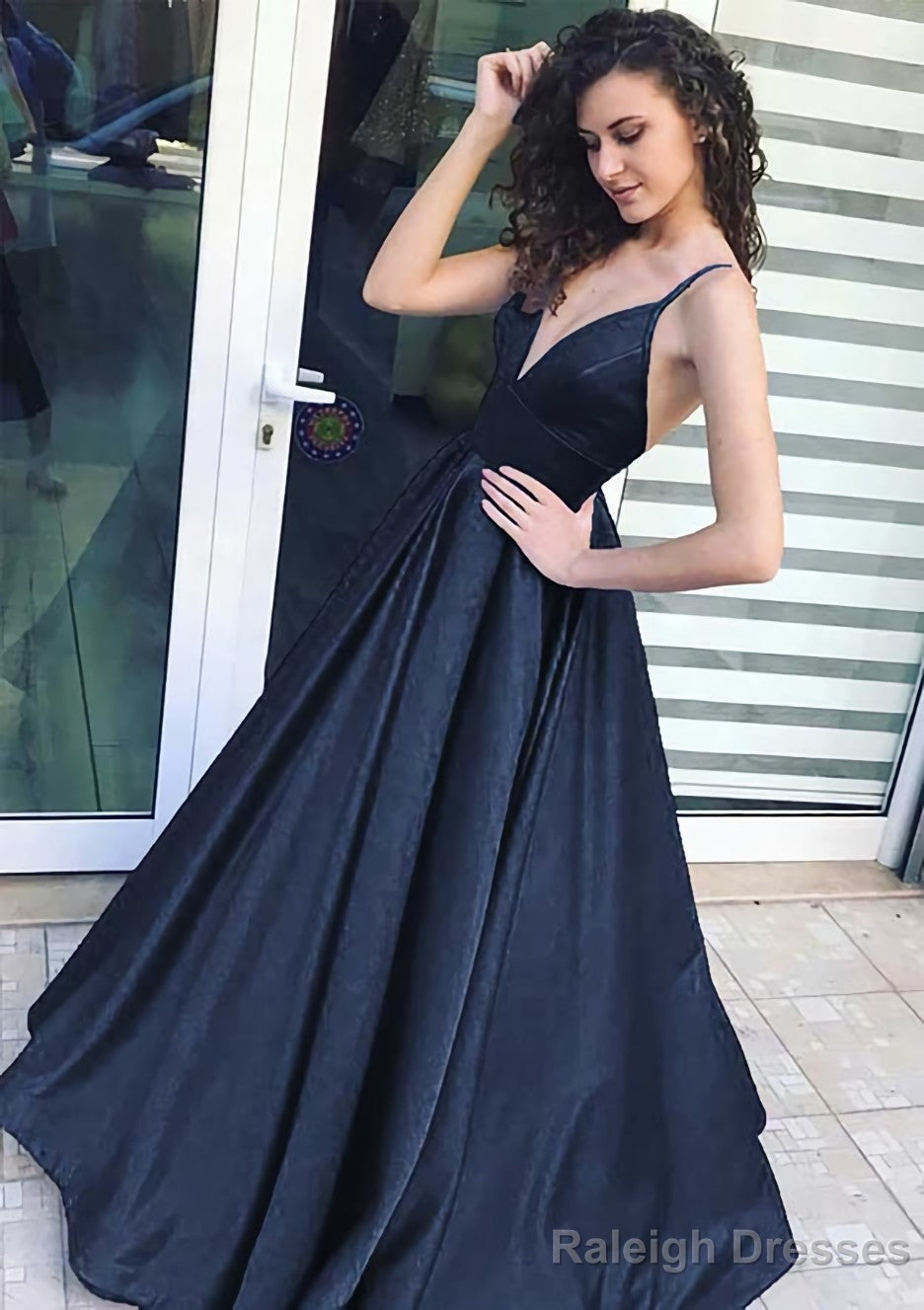 A Line V Neck Sleeveless Long Dress Floor Length Satin Prom Dress