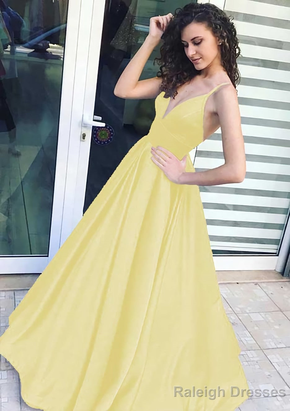 A Line V Neck Sleeveless Long Dress Floor Length Satin Prom Dress