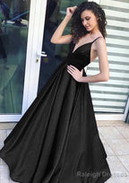 A Line V Neck Sleeveless Long Dress Floor Length Satin Prom Dress