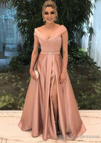 A Line V Neck Sleeveless Long Dress Floor Length Satin Prom Dress With Split Beading
