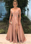 A Line V Neck Sleeveless Long Dress Floor Length Satin Prom Dress With Split Beading
