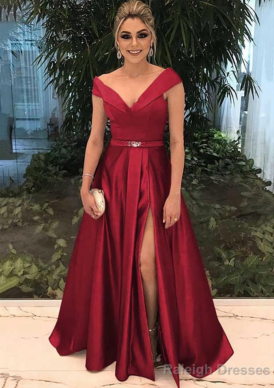 A Line V Neck Sleeveless Long Dress Floor Length Satin Prom Dress With Split Beading