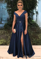 A Line V Neck Sleeveless Long Dress Floor Length Satin Prom Dress With Split Beading