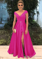 A Line V Neck Sleeveless Long Dress Floor Length Satin Prom Dress With Split Beading