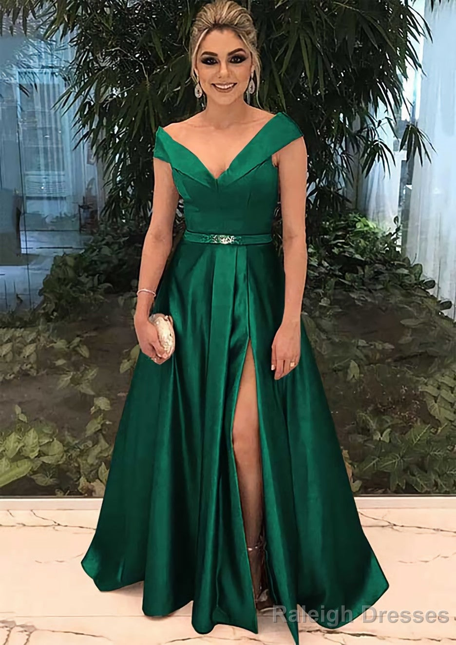 A Line V Neck Sleeveless Long Dress Floor Length Satin Prom Dress With Split Beading