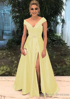 A Line V Neck Sleeveless Long Dress Floor Length Satin Prom Dress With Split Beading