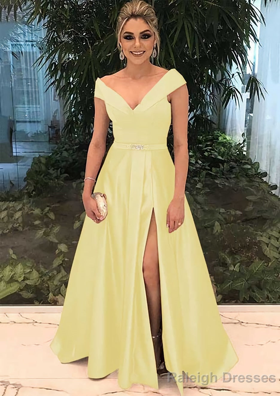 A Line V Neck Sleeveless Long Dress Floor Length Satin Prom Dress With Split Beading