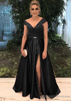 A Line V Neck Sleeveless Long Dress Floor Length Satin Prom Dress With Split Beading