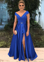 A Line V Neck Sleeveless Long Dress Floor Length Satin Prom Dress With Split Beading