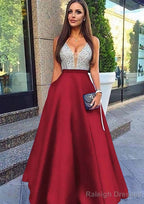 A Line V Neck Sleeveless Long Dress Floor Length Satin Prom Dress With Sequins