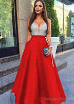 A Line V Neck Sleeveless Long Dress Floor Length Satin Prom Dress With Sequins