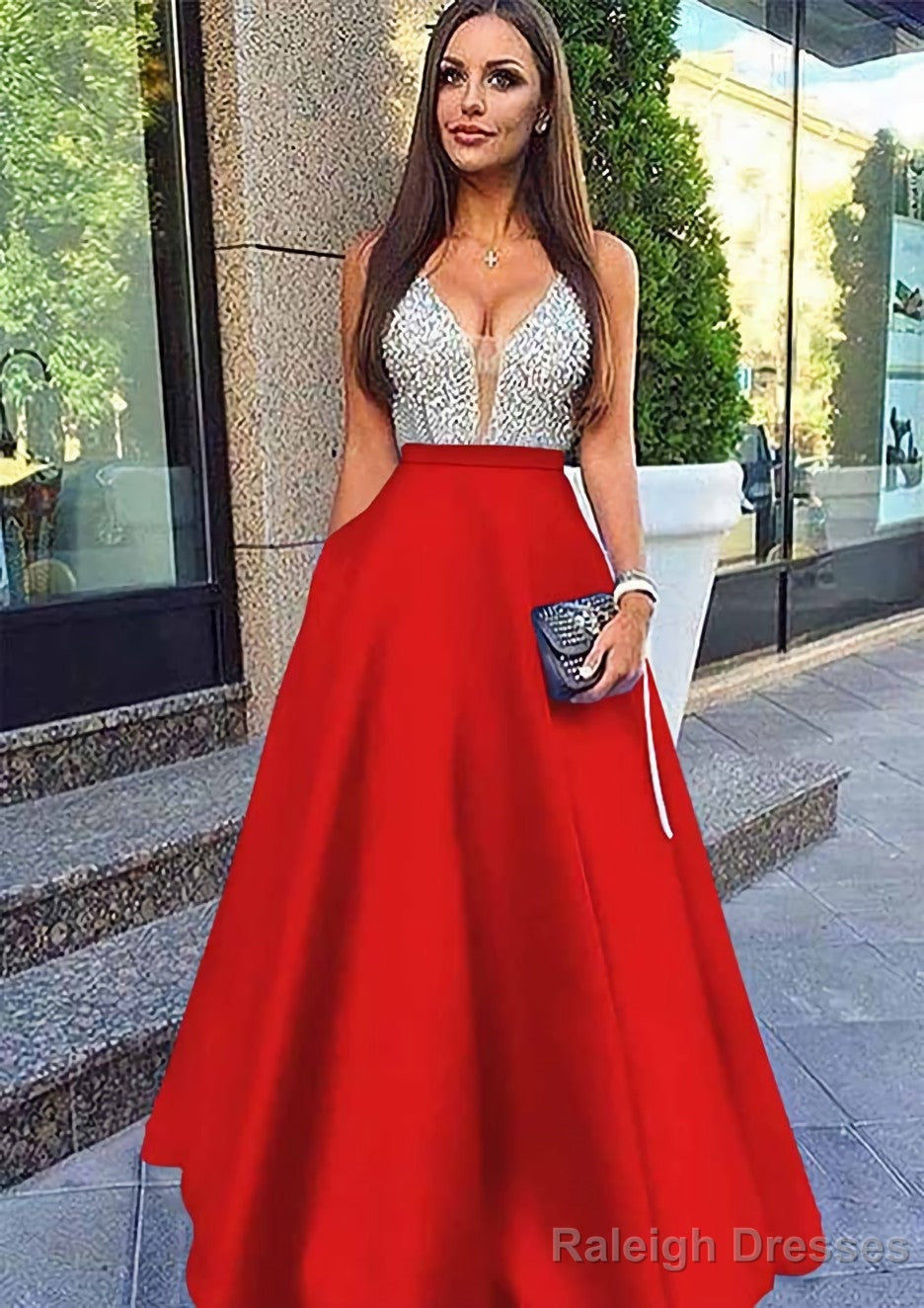 A Line V Neck Sleeveless Long Dress Floor Length Satin Prom Dress With Sequins