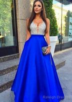 A Line V Neck Sleeveless Long Dress Floor Length Satin Prom Dress With Sequins