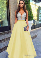 A Line V Neck Sleeveless Long Dress Floor Length Satin Prom Dress With Sequins