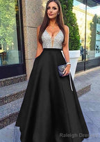 A Line V Neck Sleeveless Long Dress Floor Length Satin Prom Dress With Sequins