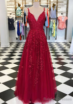 A Line V Neck Sleeveless Long Dress Floor Length Tulle Prom Dress With Appliqued
