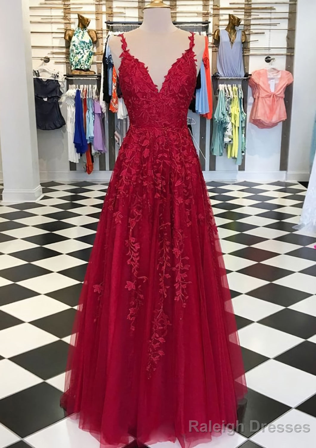 A Line V Neck Sleeveless Long Dress Floor Length Tulle Prom Dress With Appliqued