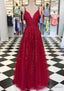 A Line V Neck Sleeveless Long Dress Floor Length Tulle Prom Dress With Appliqued