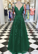 A-line/Princess V Neck Sleeveless Long/Floor-Length Tulle Prom Dresses With Appliqued