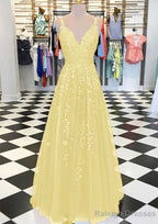A-line/Princess V Neck Sleeveless Long/Floor-Length Tulle Prom Dresses With Appliqued