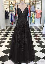 A Line V Neck Sleeveless Long Dress Floor Length Tulle Prom Dress With Appliqued