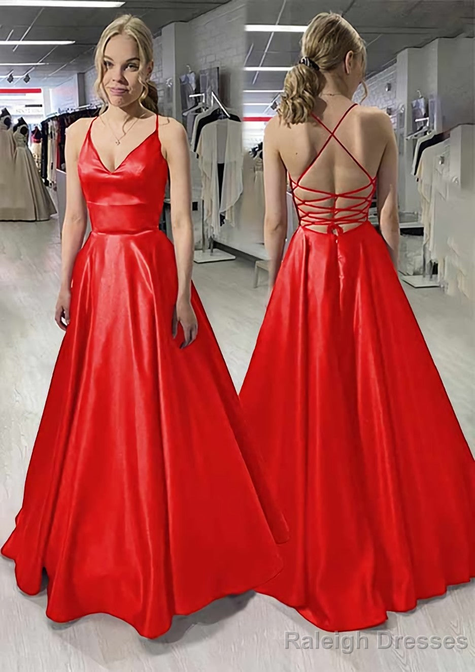 A Line V Neck Sleeveless Satin Long Dress Floor Length Prom Dress