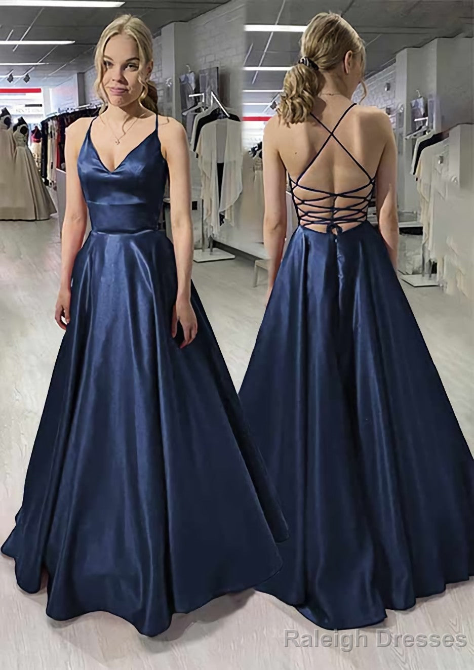 A-line/Princess V Neck Sleeveless Satin Long/Floor-Length Prom Dresses Secondary image