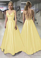 A-line/Princess V Neck Sleeveless Satin Long/Floor-Length Prom Dresses