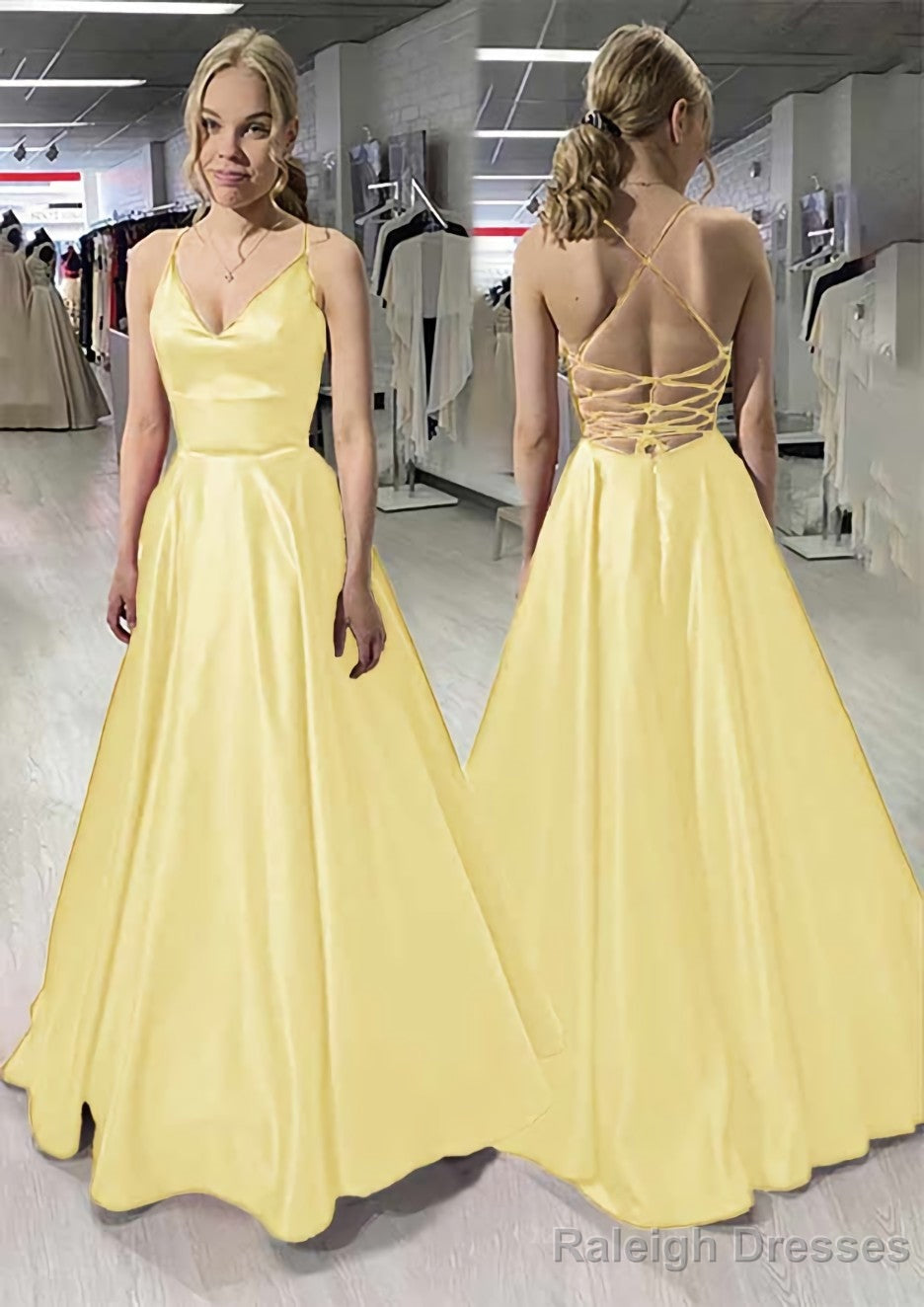 A Line V Neck Sleeveless Satin Long Dress Floor Length Prom Dress