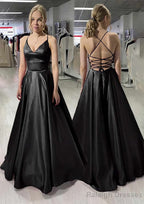 A Line V Neck Sleeveless Satin Long Dress Floor Length Prom Dress