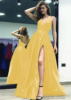 A-line/Princess V Neck Sleeveless Sweep Train Satin Prom Dresses With Split