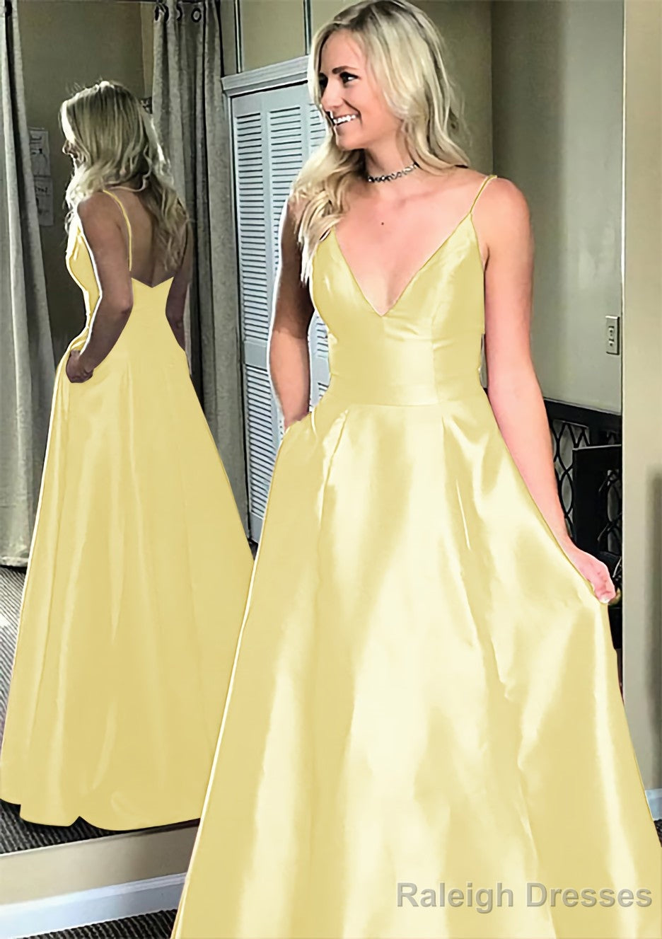 A Line V Neck Sleeveless Sweep Train Satin Prom Dress