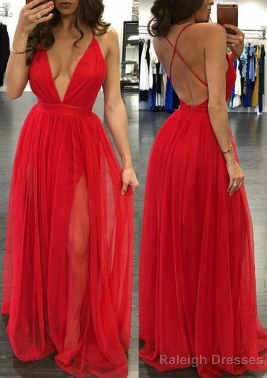 A-line/Princess V Neck Sleeveless Sweep Train Tulle Prom Dresses Main image