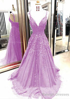 A-line/Princess V Neck Sleeveless Sweep Train Tulle Prom Dresses With Appliqued