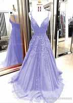 A-line/Princess V Neck Sleeveless Sweep Train Tulle Prom Dresses With Appliqued