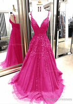 A-line/Princess V Neck Sleeveless Sweep Train Tulle Prom Dresses With Appliqued