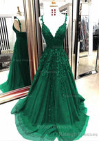 A-line/Princess V Neck Sleeveless Sweep Train Tulle Prom Dresses With Appliqued