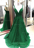 A-line/Princess V Neck Sleeveless Sweep Train Tulle Prom Dresses With Appliqued