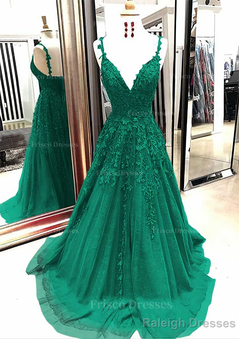 A Line V Neck Sleeveless Sweep Train Tulle Prom Dress With Appliqued