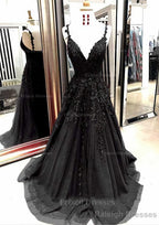 A Line V Neck Sleeveless Sweep Train Tulle Prom Dress With Appliqued