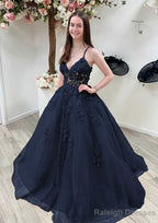 A Line Princess V Neck Sleeveless Sweep Train Tulle Prom Dress With Appliqued Beading Lace