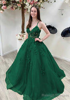 A Line Princess V Neck Sleeveless Sweep Train Tulle Prom Dress With Appliqued Beading Lace