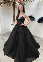 A Line Princess V Neck Sleeveless Sweep Train Tulle Prom Dress With Appliqued Beading Lace