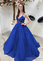 A Line Princess V Neck Sleeveless Sweep Train Tulle Prom Dress With Appliqued Beading Lace