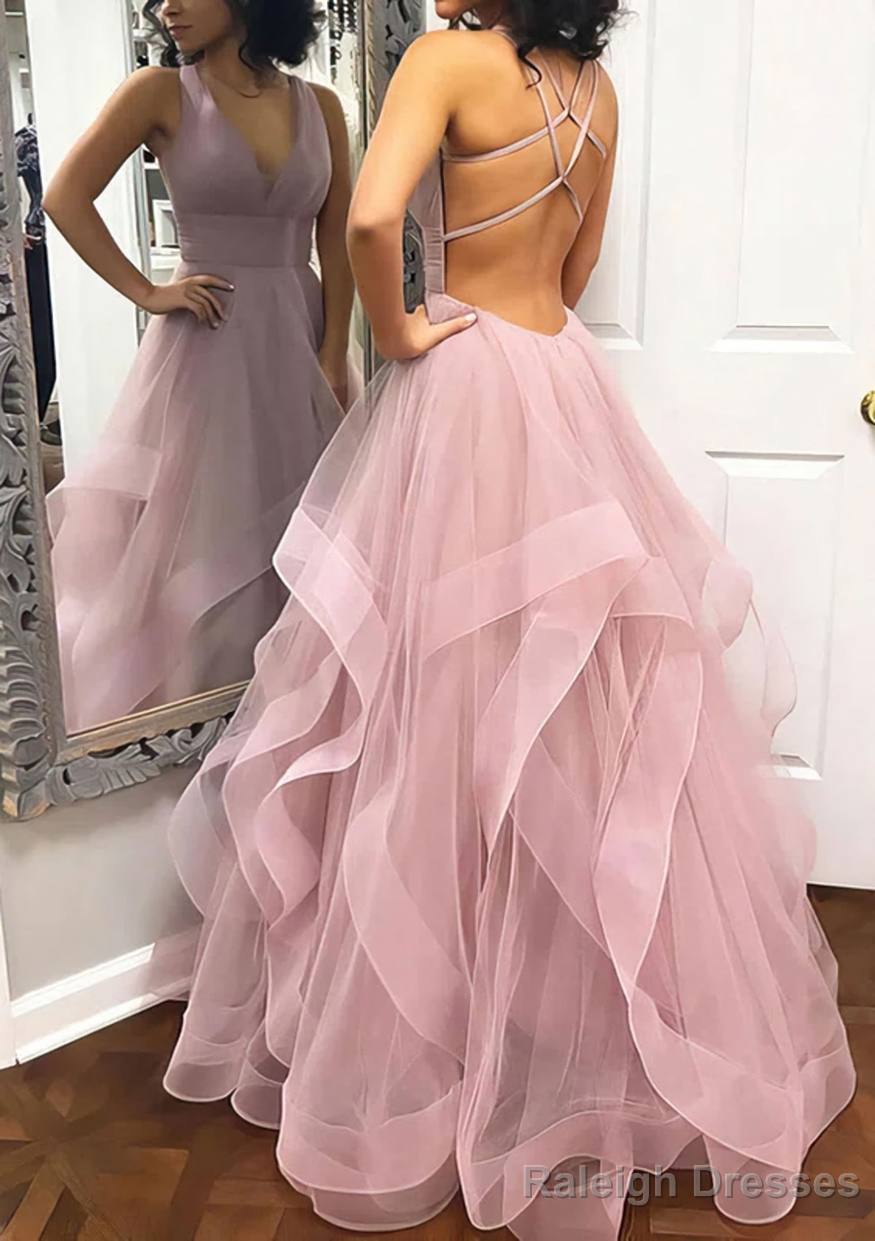 A-line Princess V Neck Sleeveless Tulle Long/Floor-Length Prom Dresses With Pleated Main image
