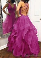 A Line Princess V Neck Sleeveless Tulle Long Dress Floor Length Prom Dress With Pleated