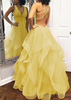 A-line Princess V Neck Sleeveless Tulle Long/Floor-Length Prom Dresses With Pleated