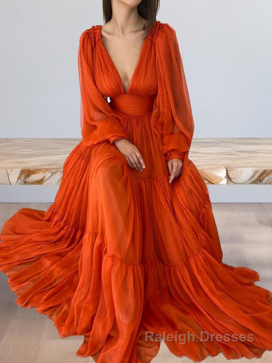 A-Line/Princess V-neck Sweep Train 30D Chiffon Prom Dresses With Pleated Main image