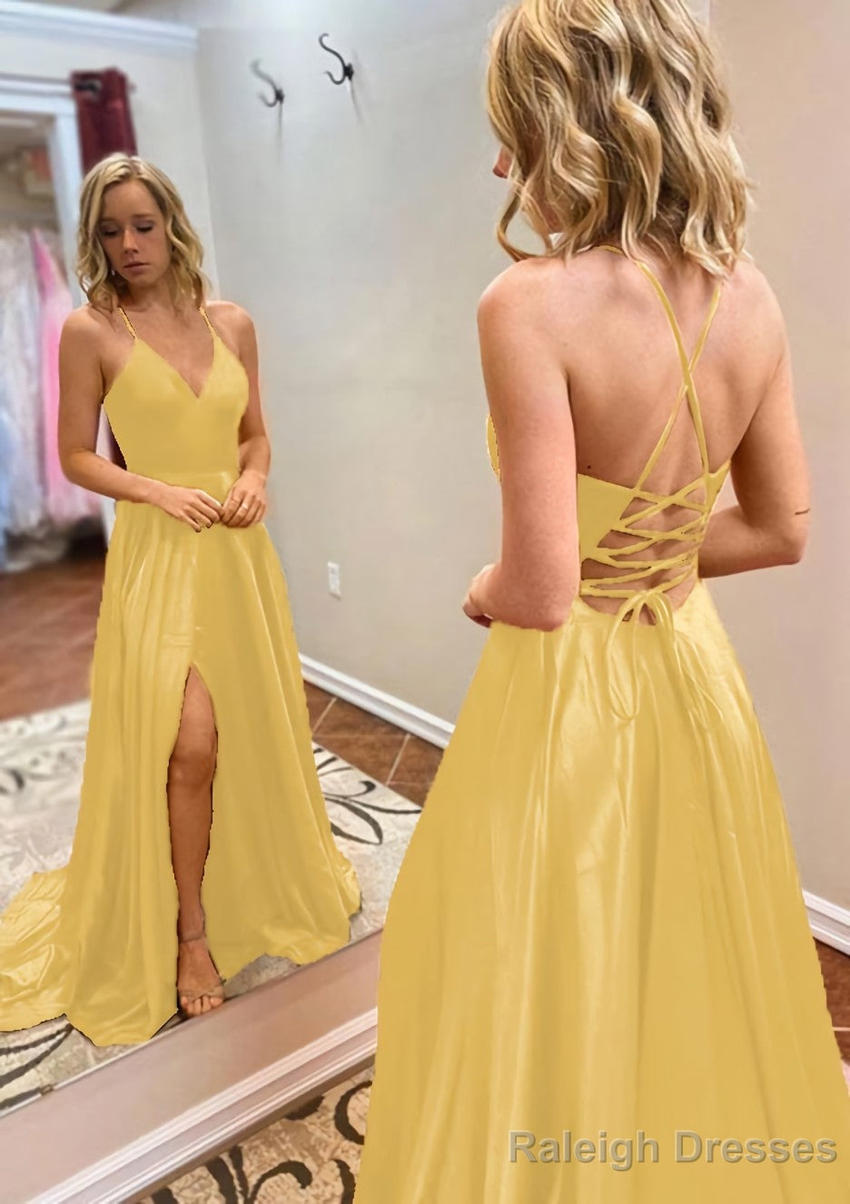 A Line Princess V Neck Sweep Train Charmeuse Prom Dress With Split